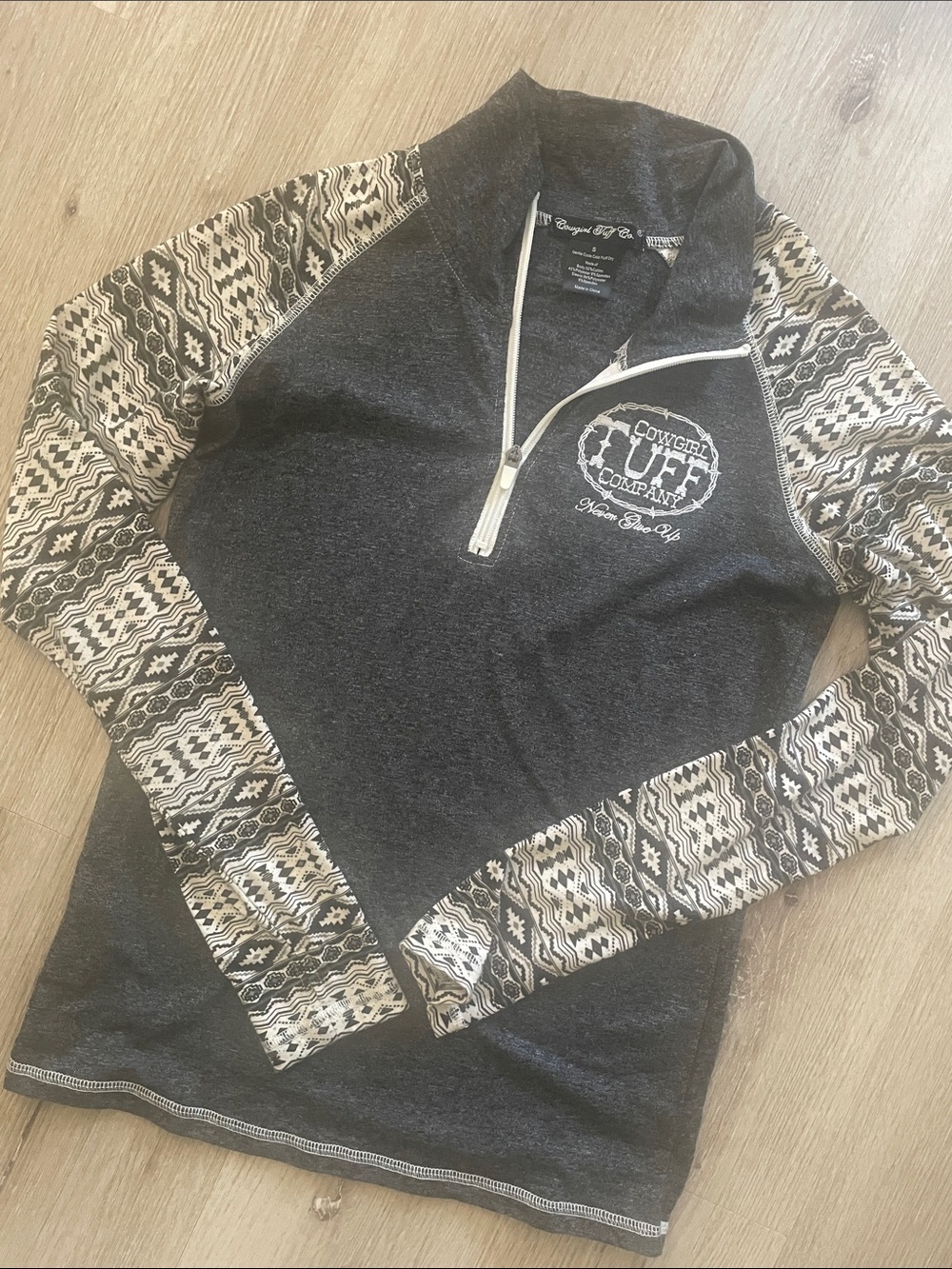 Cowgirl Tuff Black Quarter-Zip Sweater with Aztec Patterned Sleeves